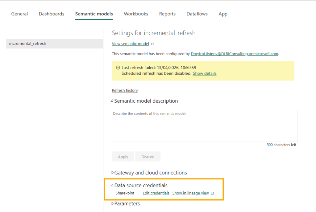 incremental refresh data source credentials